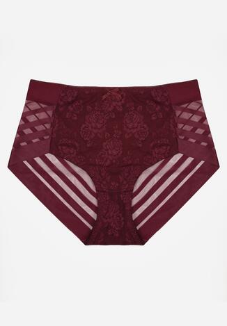 Bordowe Majtki Figi z Wysokim Stanem Zdobione Koronką i Siateczką Helieth