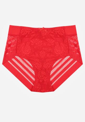 Czerwone Majtki Figi z Wysokim Stanem Zdobione Koronką i Siateczką Helieth
