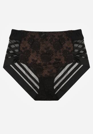 Czarno-Beżowe Majtki Figi z Wysokim Stanem Zdobione Koronką i Siateczką Helieth