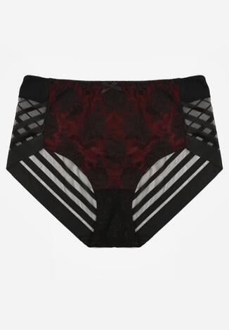 Czarno-Czerwone Majtki Figi z Wysokim Stanem Zdobione Koronką i Siateczką Helieth