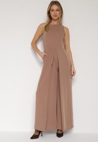 Ciemnobeżowy Elegancki Kombinezon z Ozdobnymi Zakładkami Zellysha