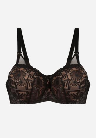 Czarno-Beżowy Biustonosz z Koronką i Transparentną Wstawką Heliphine