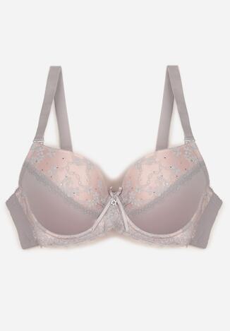 Szaro-Różowy Biustonosz Ozdobiony Cyrkoniami i Koronką Corraella