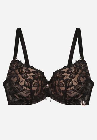 Czarno-Beżowy Koronkowy Biustonosz z Kokardką Nealenia