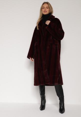 Bordowy Płaszcz Futerko o Kroju Oversize z Kieszeniami z Klapami Namys