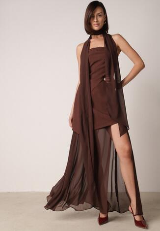 Brązowa Koktajlowa Sukienka z Odkrytymi Ramionami i Dodatkowym Szalem Krynaya