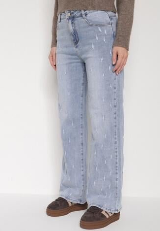 Niebieskie Bawełniane Szerokie Jeansy z Wysokim Stanem i Przetarciami Lilinryss