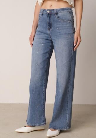 Niebieskie Szerokie Jeansy z Wysokim Stanem i Błyszczącymi Aplikacjami Glysera