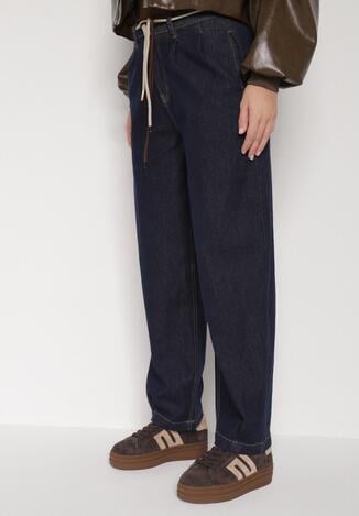 Niebieskie Bawełniane Jeansy o Szerokim Kroju z Wysokim Stanem ze Sznurkiem Carmencita