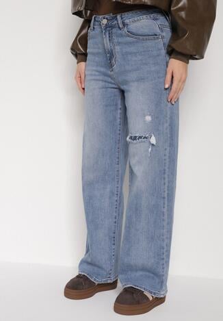 Niebieskie Bawełniane Jeansy o Szerokim Kroju z Wysokim Stanem i Dziurą Telecia