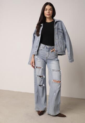 Niebieskie Szerokie Jeansy z Wysokim Stanem Zdobione Przetarciami i Dziurami Brizeth