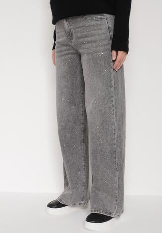 Szare Szerokie Jeansy z Wysokim Stanem Zdobione Błyszczącymi Drobinami Isabela