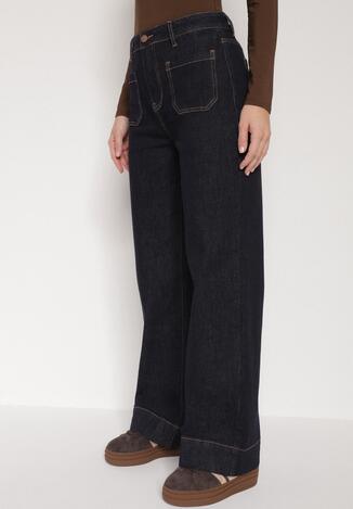 Granatowe Jeansy z Bawełną o Szerokim Kroju z Wysokim Stanem i Ozdobnymi Kieszeniami Adelsala