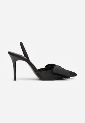 Czarne Satynowe Sandały na Szpilce Bez Pięty z Kokardą Shiriniana