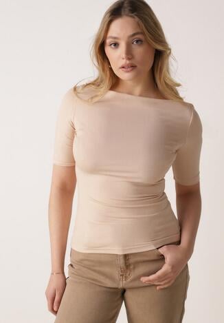 Beżowy Wiskozowy T-shirt o Dopasowanym Kroju z Dekoltem w Łódkę Idahphaeia