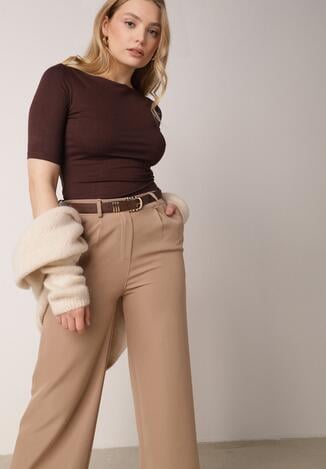 Brązowy Wiskozowy T-shirt o Dopasowanym Kroju z Dekoltem w Łódkę Idahphaeia