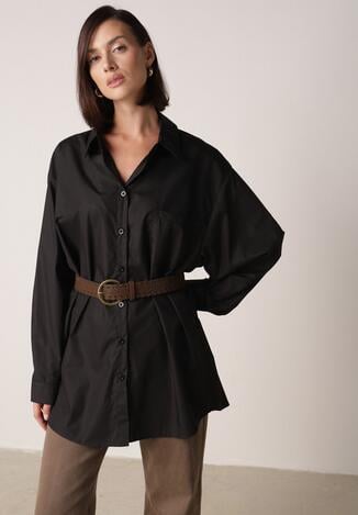Czarna Długa Koszula Oversize z Bawełny i Wiskozy z Paskiem z Klamrą Thessalonike