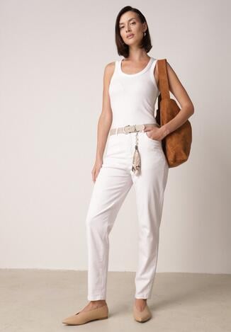 Białe Bawełniano-Wiskozowe Jeansy Mom Fit z Dodatkowym Paskiem Papheilise