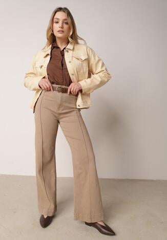 Beżowe Szerokie Jeansy z Bawełny z Wysokim Stanem i Pionowymi Przeszyciami Keperise