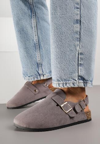 Szare Sandały w Stylu Chodaków Ozdobione Klamrami Qyrraya