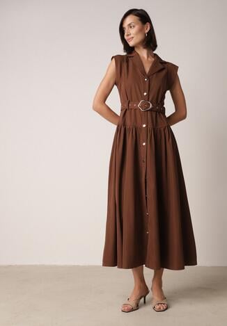 Brązowa Koszulowa Sukienka Bez Rękawów Ozdobiona Paskiem z Klamrą Phalixia