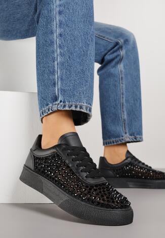 Czarne Sneakersy na Grubej Podeszwie Ozdobione Cyrkoniami Ilaronis