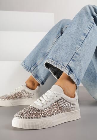 Beżowe Sneakersy na Grubej Podeszwie Ozdobione Cyrkoniami Ilaronis