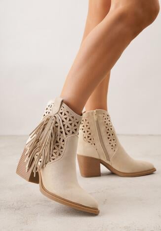 Beżowe Botki Kowbojki na Stożkowym Obcasie z Ażurowym Wzorem i Eathetina