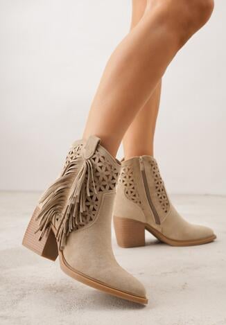Ciemnobeżowe Botki Kowbojki na Stożkowym Obcasie z Ażurowym Wzorem i Eathetina