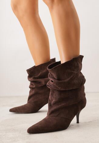 Brązowe Botki na Szpilce z Marszczoną Cholewką Hailenia