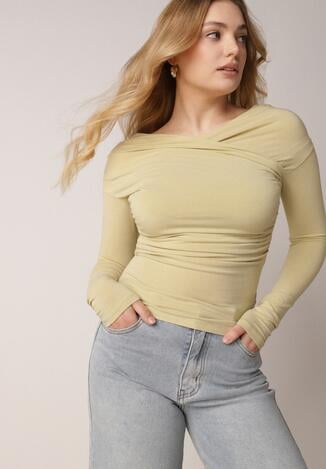 Zielona Bluzka z Bawełną Dekoltem Typu Łódka i Marszczeniem  Typhatos