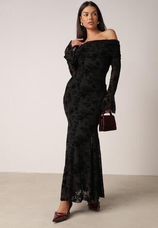 Czarna Koktajlowa Sukienka VICES z Odkrytymi Ramionami i Welurowym Wzorem Drensyss