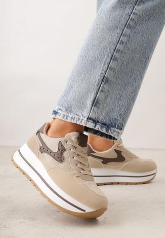 Beżowe Sneakersy na Grubej Podeszwie z Perforacją i Tweedowymi Wstawkami Idaphyphe