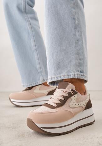 Różowe Sneakersy na Grubej Podeszwie z Perforacją i Tweedowymi Wstawkami Idaphyphe