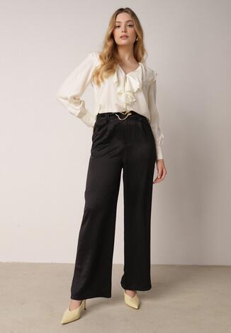 Czarne Szerokie Spodnie z Wysokim Stanem z Domieszką Bawełny i Geometryczną Klamrą Syliteia