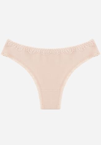 Beżowe Majtki z Bawełną Typu Stringi Ozdobione Koronką Cirilise