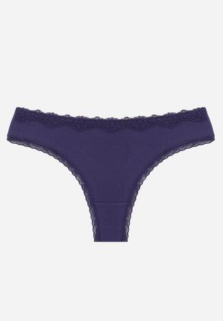 Granatowe Majtki z Bawełną Typu Stringi Ozdobione Koronką Cirilise