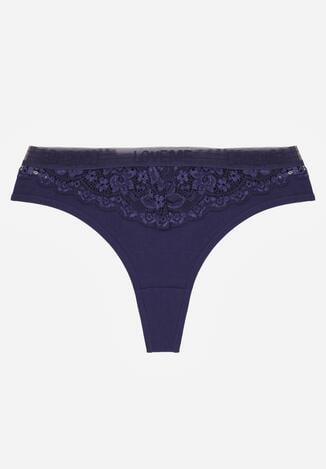 Granatowe Majtki Stringi z Bawełną Ozdobione Koronką Thelanthe