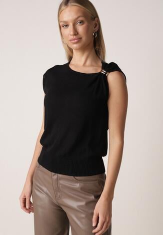 Czarna Dzianinowa Bluzka z Wiskozy Bez Rękawów z Biżuteryjną Aplikacją Orinera