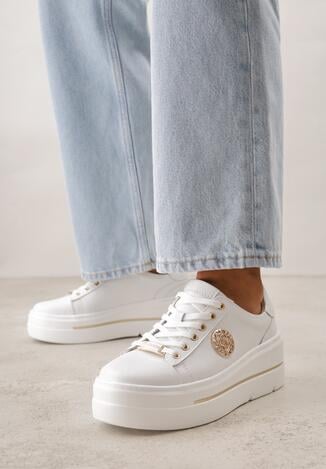Białe Sneakersy na Koturnie ze Skóry Naturalnej z Ozdobami Cnassophe