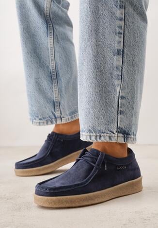 Granatowe Zamszowe Półbuty ze Skórzaną Wkładką i Ozdobnymi Przeszyciami Olenos