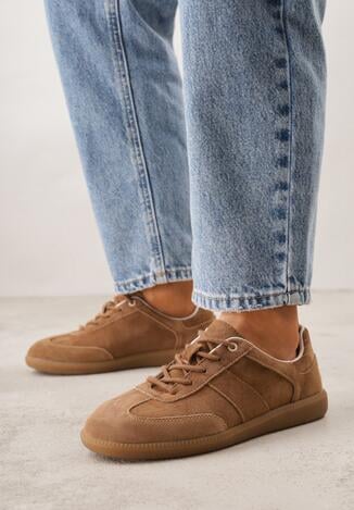 Brązowe Sneakersy z Zamszu Naturalnego ze Skórzaną Wkładką i Przeszyciami Muririal