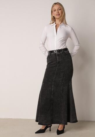 Czarna Bawełniana Spódnica Denimowa o Kroju Syrenki z Paskiem Agenia