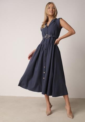 Granatowa Koszulowa Sukienka Bez Rękawów z Wiskozy i Bawełny z Paskiem Suranon