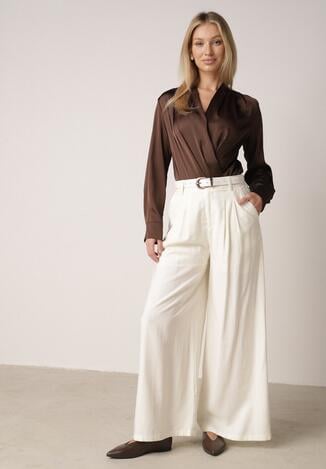 Białe Szerokie Spodnie Wiskozowe w Garniturowym Stylu z Paskiem Qera