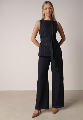 Granatowy Komplet Garniturowy Kamizelka z Paskiem i Szerokie Spodnie Zina