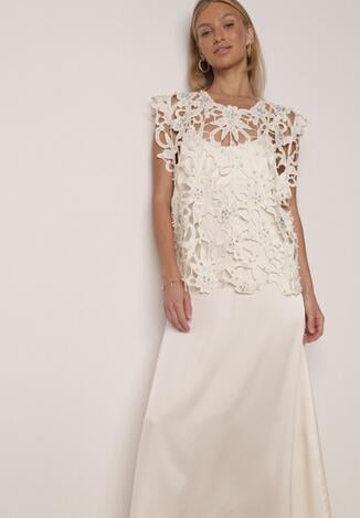 Jasnobeżowa Satynowa Sukienka na Ramiączka z Wiskozy i Bawełny z Narzutką Messishis