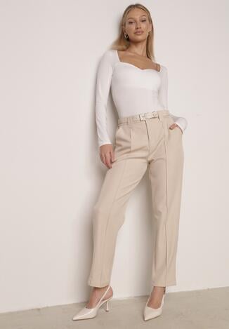 Beżowe Eleganckie Spodnie Cygaretki z Wysokim Stanem i Paskiem z Klamerką Diminas