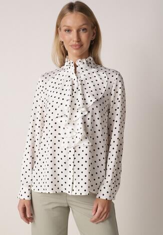 Biała Wiskozowa Koszula w Kropki ze Stójką z Ozdobnymi Falbanami Isamene
