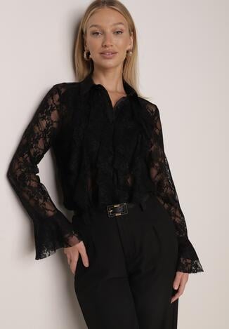 Czarna Koszula Koronkowa z Wiskozy z Bawełną Ozdobiona Falbanami Hermerine